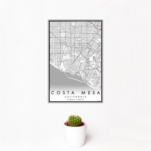 12x18 Costa Mesa California Map Print Portrait Orientation in Classic Style With Small Cactus Plant in White Planter