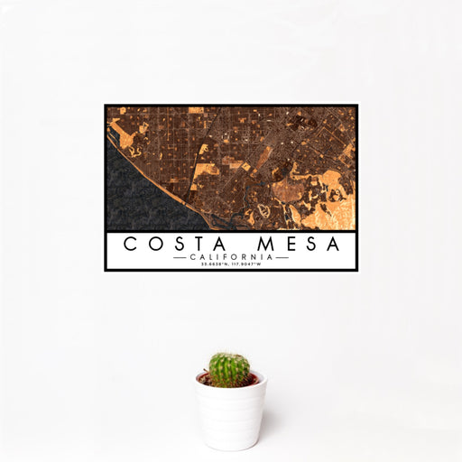 12x18 Costa Mesa California Map Print Landscape Orientation in Ember Style With Small Cactus Plant in White Planter