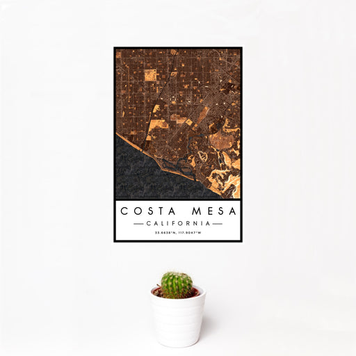 12x18 Costa Mesa California Map Print Portrait Orientation in Ember Style With Small Cactus Plant in White Planter