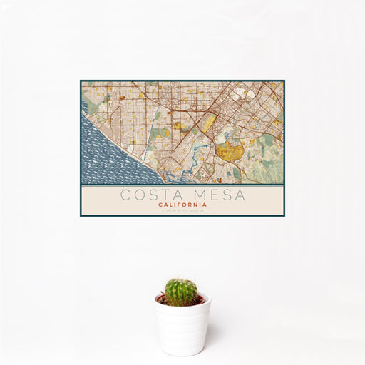 12x18 Costa Mesa California Map Print Landscape Orientation in Woodblock Style With Small Cactus Plant in White Planter