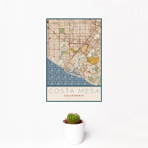 12x18 Costa Mesa California Map Print Portrait Orientation in Woodblock Style With Small Cactus Plant in White Planter