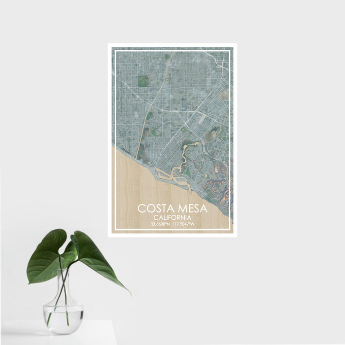 16x24 Costa Mesa California Map Print Portrait Orientation in Afternoon Style With Tropical Plant Leaves in Water