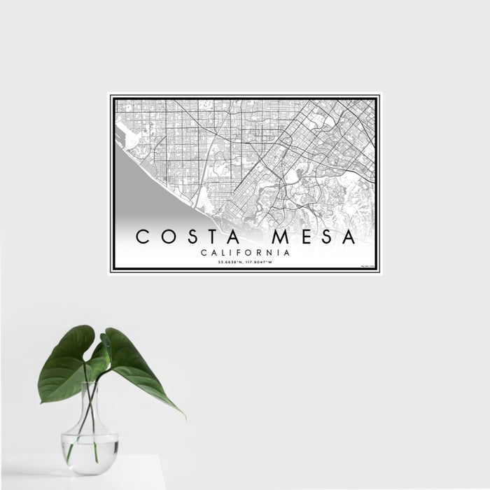 16x24 Costa Mesa California Map Print Landscape Orientation in Classic Style With Tropical Plant Leaves in Water