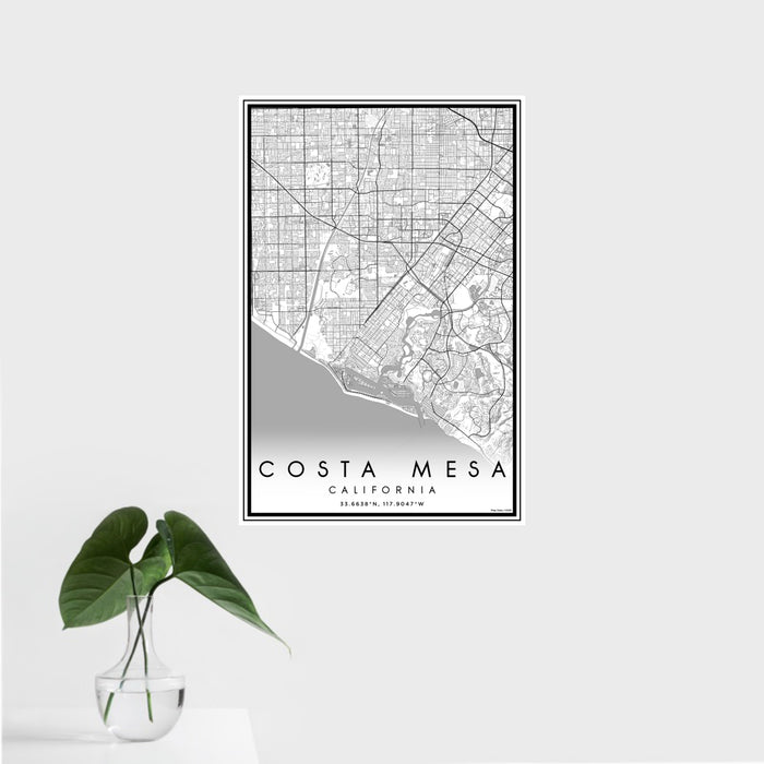 16x24 Costa Mesa California Map Print Portrait Orientation in Classic Style With Tropical Plant Leaves in Water