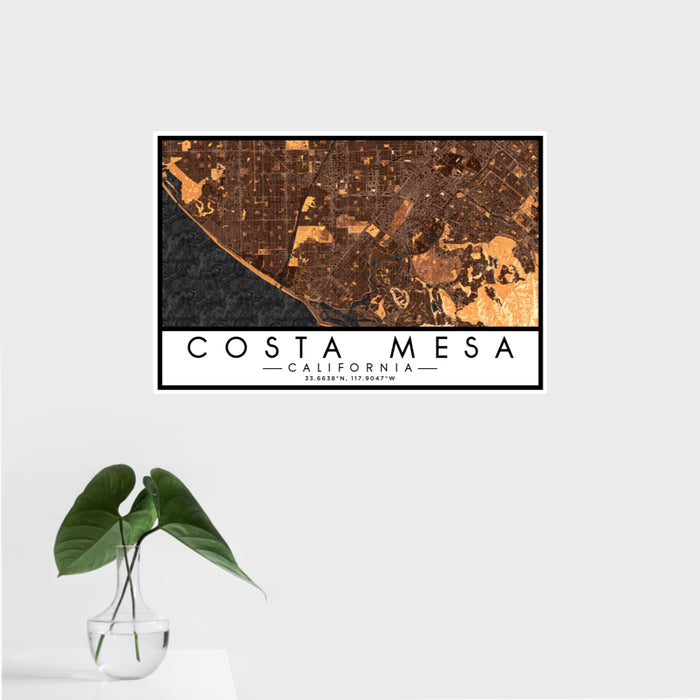 16x24 Costa Mesa California Map Print Landscape Orientation in Ember Style With Tropical Plant Leaves in Water