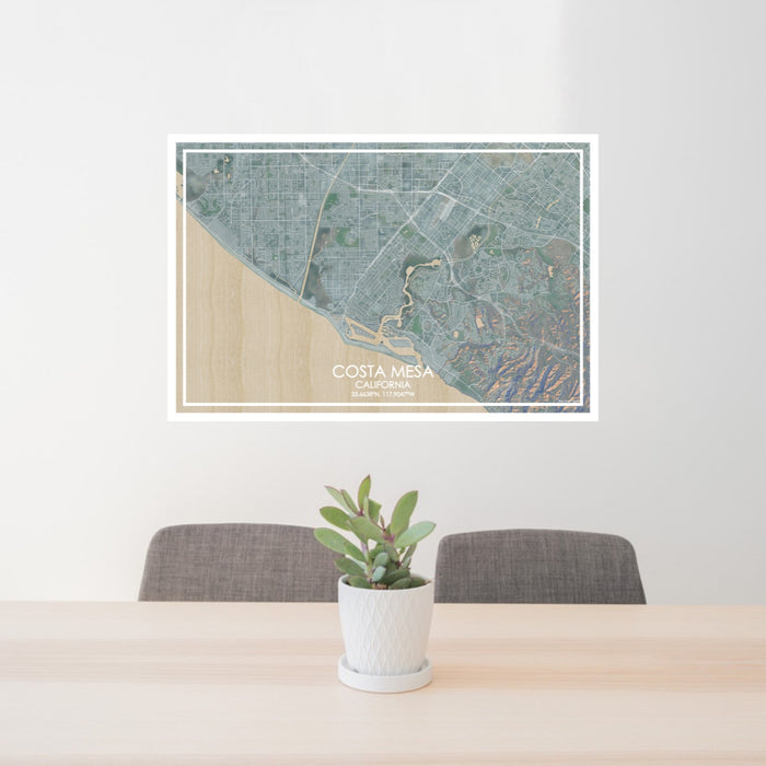 24x36 Costa Mesa California Map Print Lanscape Orientation in Afternoon Style Behind 2 Chairs Table and Potted Plant