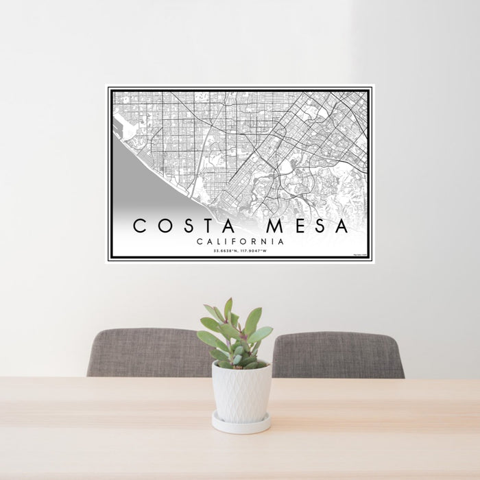 24x36 Costa Mesa California Map Print Lanscape Orientation in Classic Style Behind 2 Chairs Table and Potted Plant