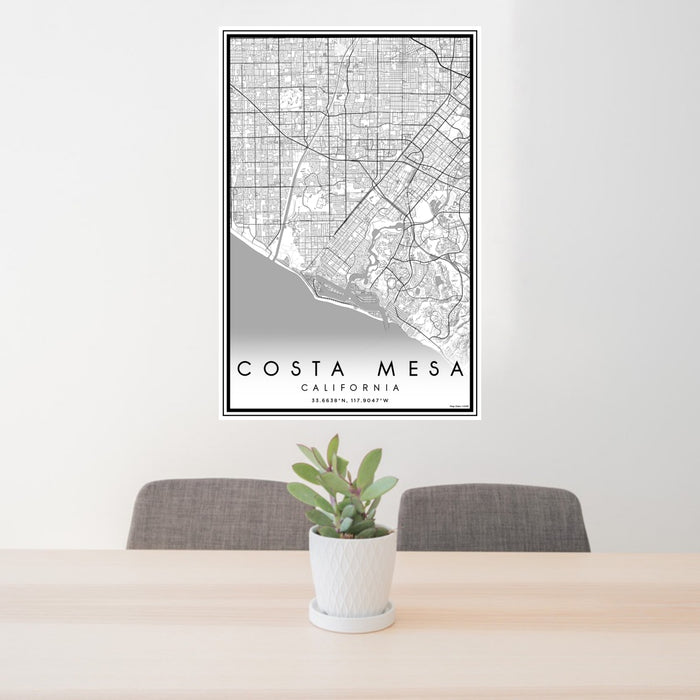 24x36 Costa Mesa California Map Print Portrait Orientation in Classic Style Behind 2 Chairs Table and Potted Plant