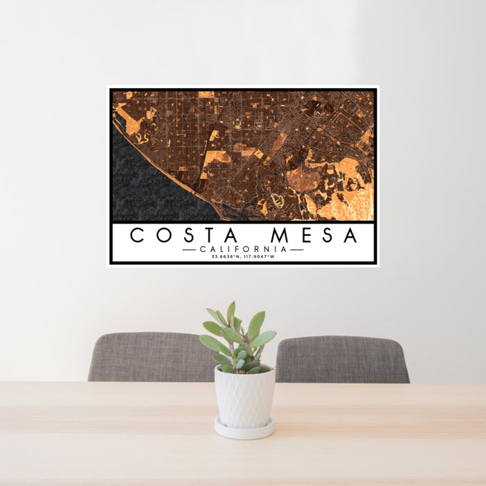 24x36 Costa Mesa California Map Print Lanscape Orientation in Ember Style Behind 2 Chairs Table and Potted Plant