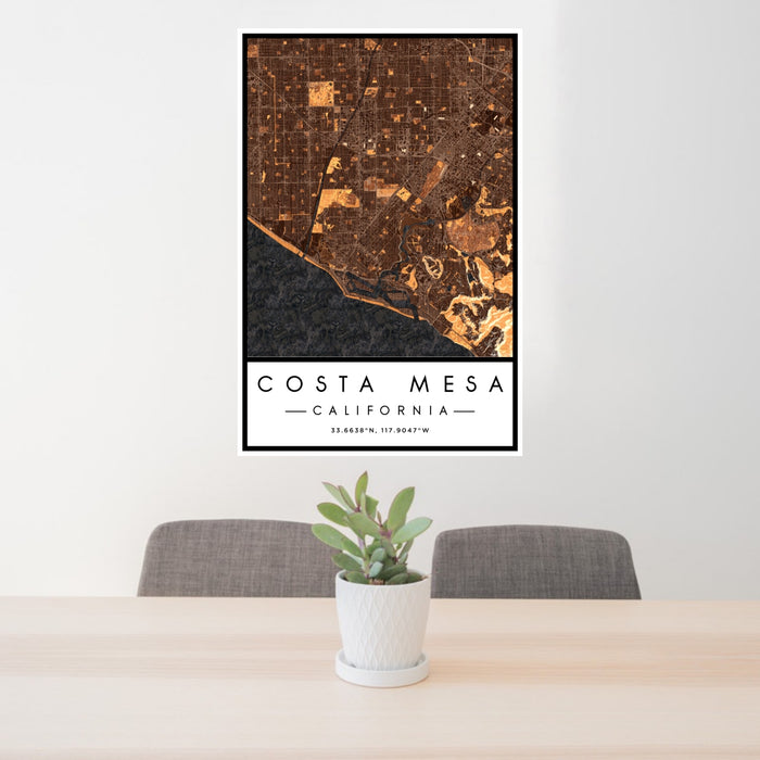 24x36 Costa Mesa California Map Print Portrait Orientation in Ember Style Behind 2 Chairs Table and Potted Plant