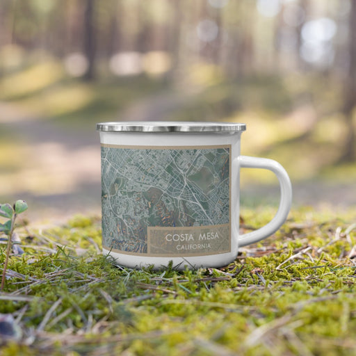 Right View Custom Costa Mesa California Map Enamel Mug in Afternoon on Grass With Trees in Background