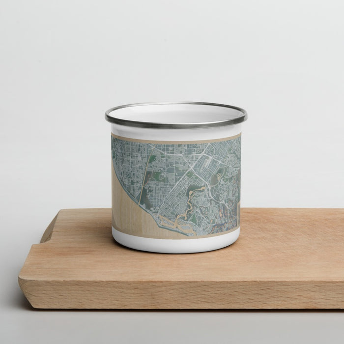 Front View Custom Costa Mesa California Map Enamel Mug in Afternoon on Cutting Board