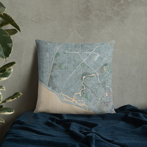 Custom Costa Mesa California Map Throw Pillow in Afternoon on Bedding Against Wall