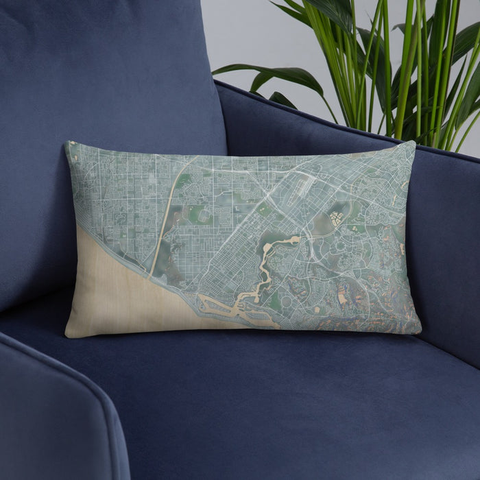 Custom Costa Mesa California Map Throw Pillow in Afternoon on Blue Colored Chair