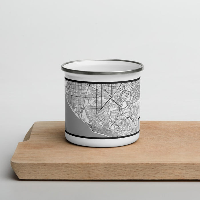 Front View Custom Costa Mesa California Map Enamel Mug in Classic on Cutting Board