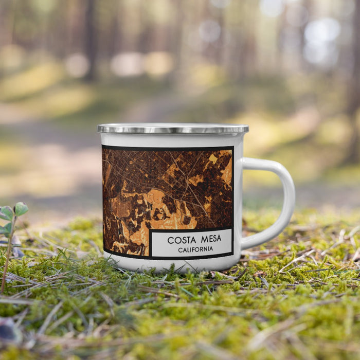 Right View Custom Costa Mesa California Map Enamel Mug in Ember on Grass With Trees in Background
