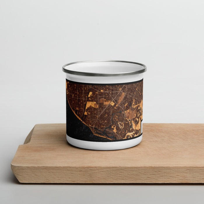 Front View Custom Costa Mesa California Map Enamel Mug in Ember on Cutting Board