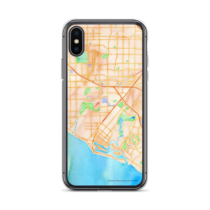Custom iPhone X/XS Costa Mesa California Map Phone Case in Watercolor