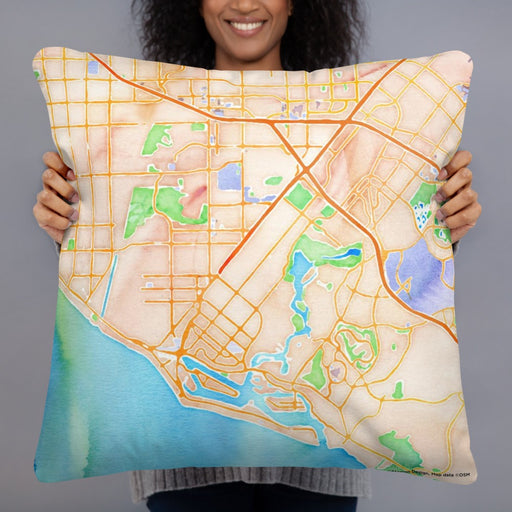 Person holding 22x22 Custom Costa Mesa California Map Throw Pillow in Watercolor
