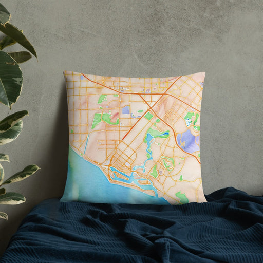 Custom Costa Mesa California Map Throw Pillow in Watercolor on Bedding Against Wall