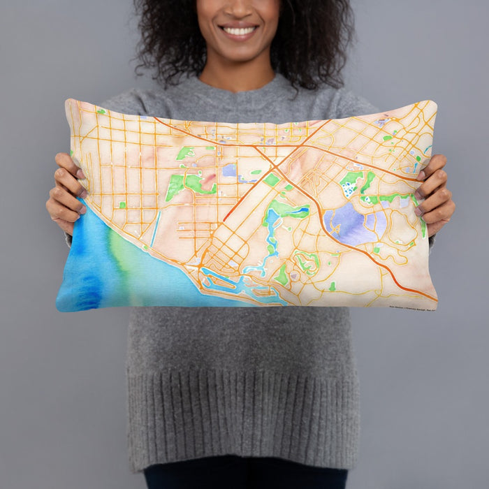 Person holding 20x12 Custom Costa Mesa California Map Throw Pillow in Watercolor