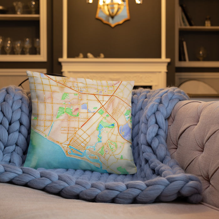 Custom Costa Mesa California Map Throw Pillow in Watercolor on Cream Colored Couch