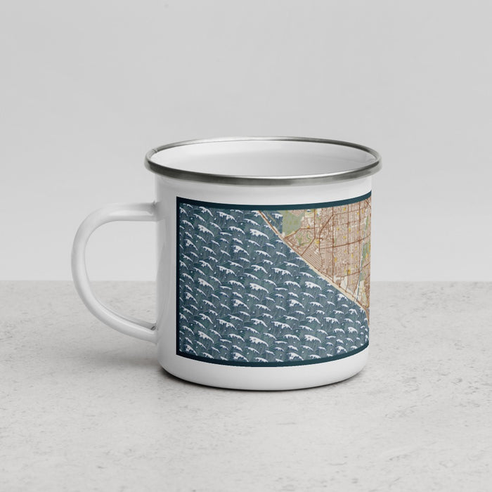 Left View Custom Costa Mesa California Map Enamel Mug in Woodblock
