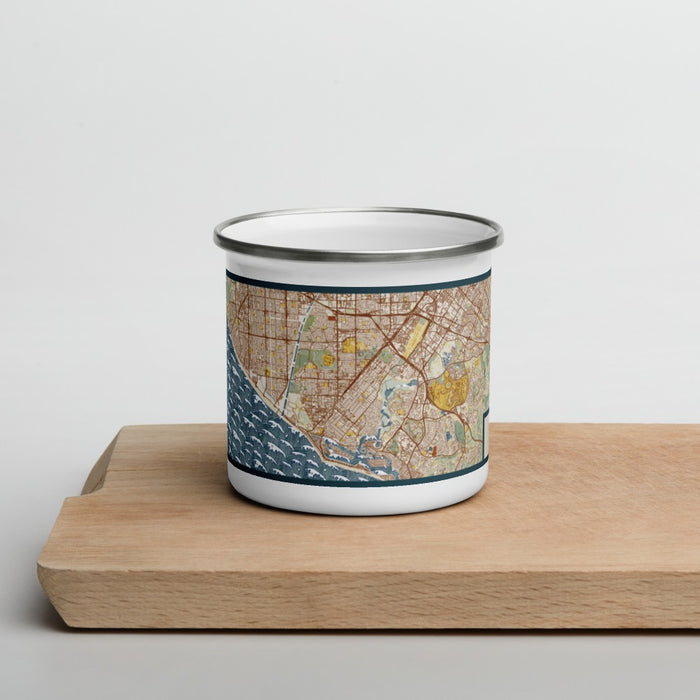 Front View Custom Costa Mesa California Map Enamel Mug in Woodblock on Cutting Board