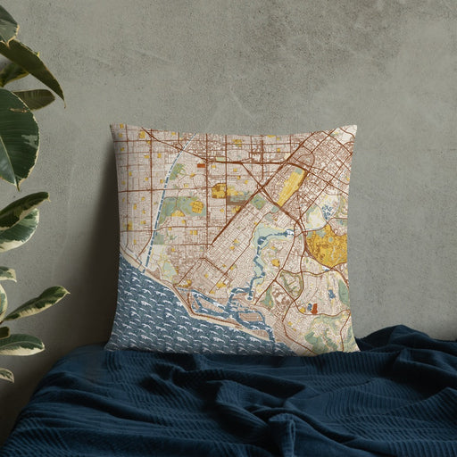 Custom Costa Mesa California Map Throw Pillow in Woodblock on Bedding Against Wall