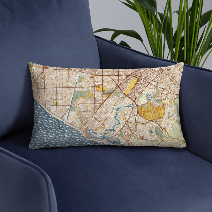 Custom Costa Mesa California Map Throw Pillow in Woodblock on Blue Colored Chair