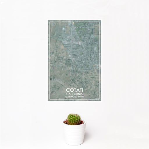 12x18 Cotati California Map Print Portrait Orientation in Afternoon Style With Small Cactus Plant in White Planter