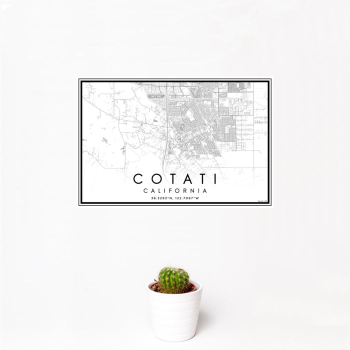 12x18 Cotati California Map Print Landscape Orientation in Classic Style With Small Cactus Plant in White Planter