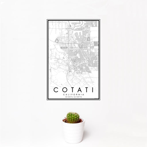 12x18 Cotati California Map Print Portrait Orientation in Classic Style With Small Cactus Plant in White Planter