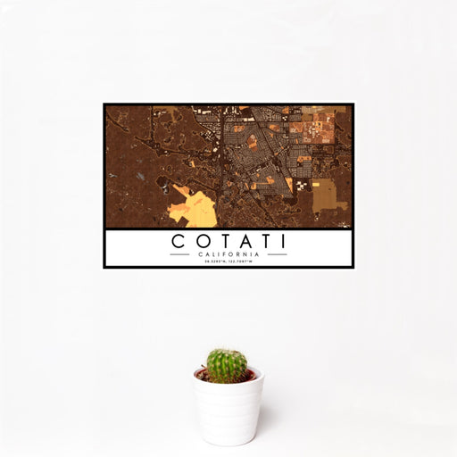12x18 Cotati California Map Print Landscape Orientation in Ember Style With Small Cactus Plant in White Planter