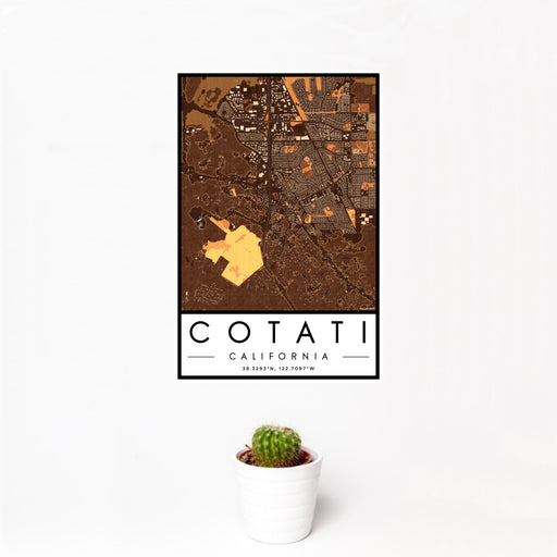 12x18 Cotati California Map Print Portrait Orientation in Ember Style With Small Cactus Plant in White Planter