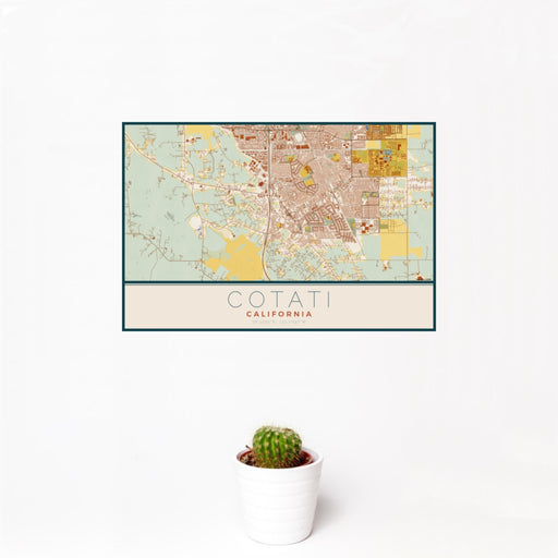 12x18 Cotati California Map Print Landscape Orientation in Woodblock Style With Small Cactus Plant in White Planter