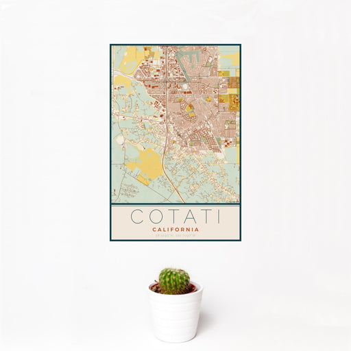 12x18 Cotati California Map Print Portrait Orientation in Woodblock Style With Small Cactus Plant in White Planter