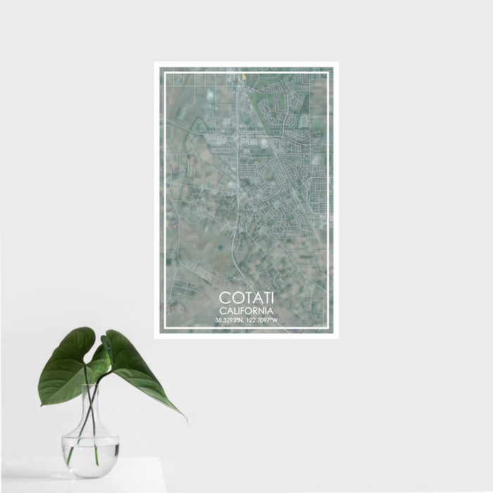 16x24 Cotati California Map Print Portrait Orientation in Afternoon Style With Tropical Plant Leaves in Water