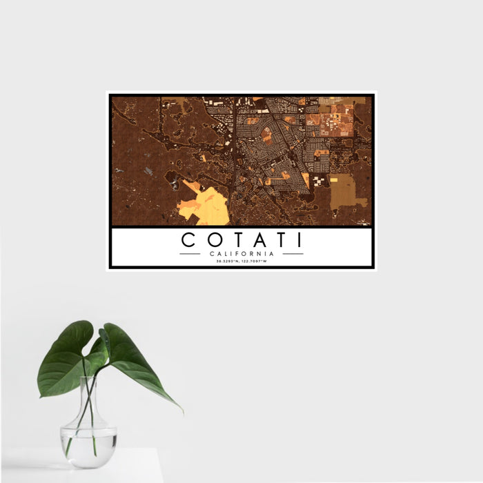 16x24 Cotati California Map Print Landscape Orientation in Ember Style With Tropical Plant Leaves in Water