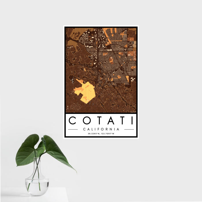 16x24 Cotati California Map Print Portrait Orientation in Ember Style With Tropical Plant Leaves in Water