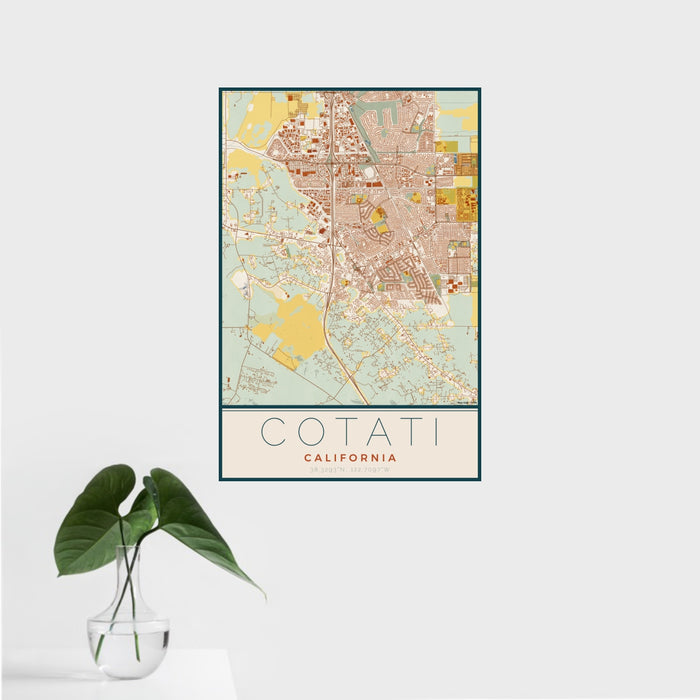 16x24 Cotati California Map Print Portrait Orientation in Woodblock Style With Tropical Plant Leaves in Water
