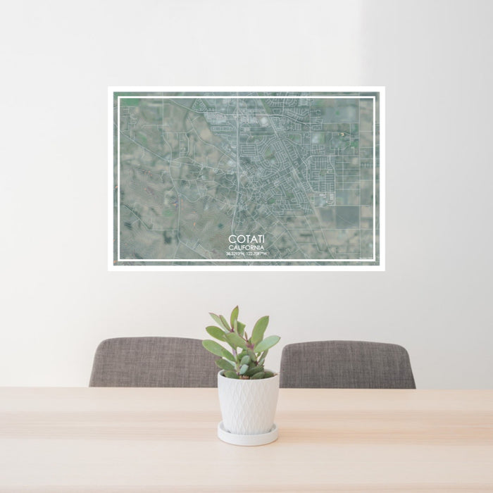 24x36 Cotati California Map Print Lanscape Orientation in Afternoon Style Behind 2 Chairs Table and Potted Plant