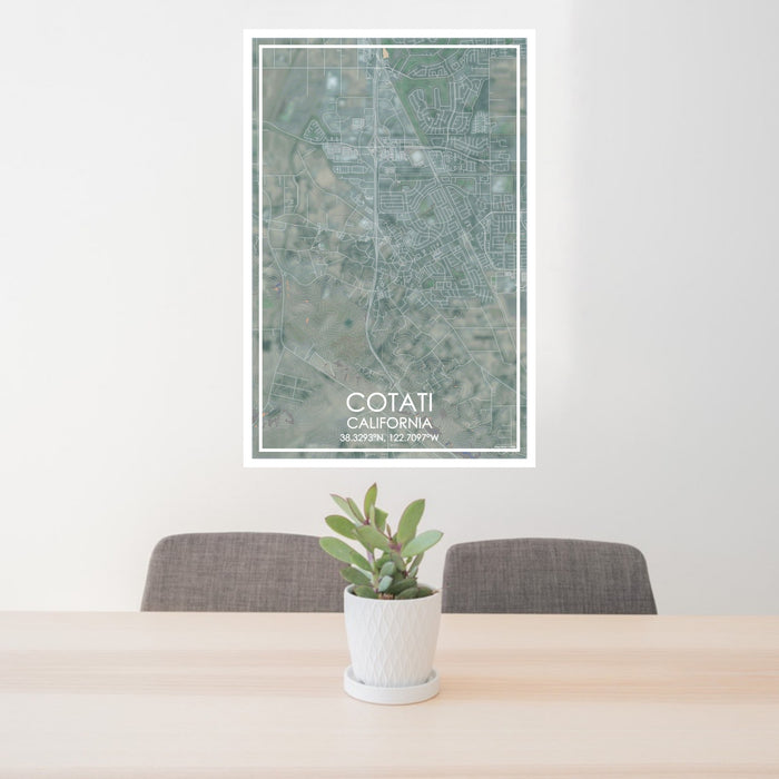 24x36 Cotati California Map Print Portrait Orientation in Afternoon Style Behind 2 Chairs Table and Potted Plant