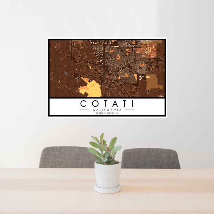 24x36 Cotati California Map Print Lanscape Orientation in Ember Style Behind 2 Chairs Table and Potted Plant