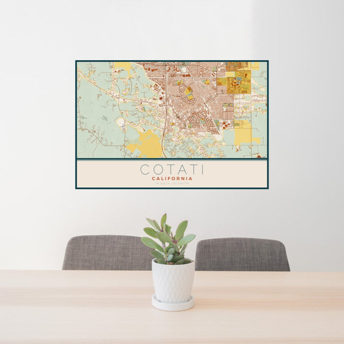 24x36 Cotati California Map Print Lanscape Orientation in Woodblock Style Behind 2 Chairs Table and Potted Plant