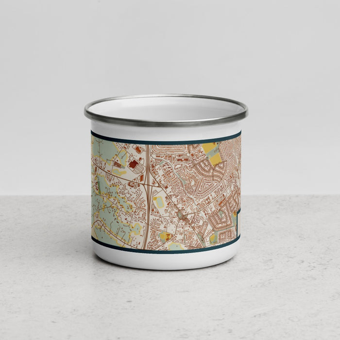 Front View Custom Cotati California Map Enamel Mug in Woodblock