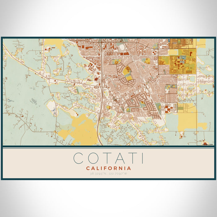 Cotati California Map Print Landscape Orientation in Woodblock Style With Shaded Background