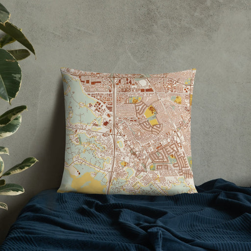 Custom Cotati California Map Throw Pillow in Woodblock on Bedding Against Wall