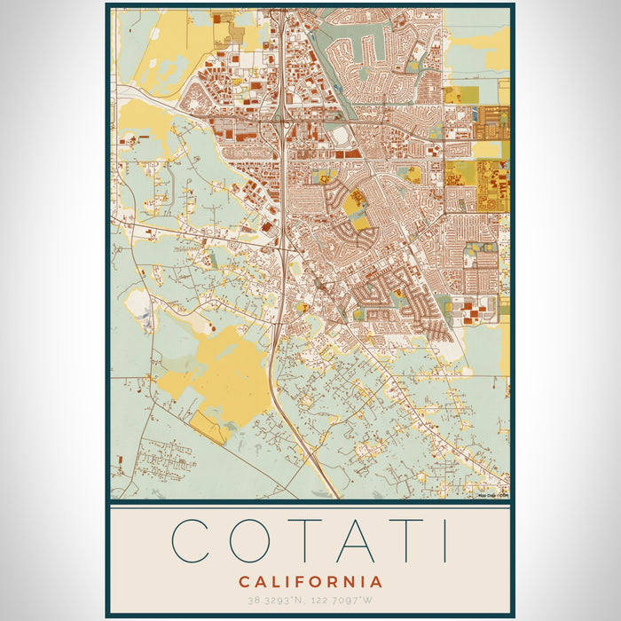 Cotati California Map Print Portrait Orientation in Woodblock Style With Shaded Background