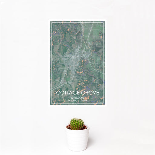 12x18 Cottage Grove Oregon Map Print Portrait Orientation in Afternoon Style With Small Cactus Plant in White Planter
